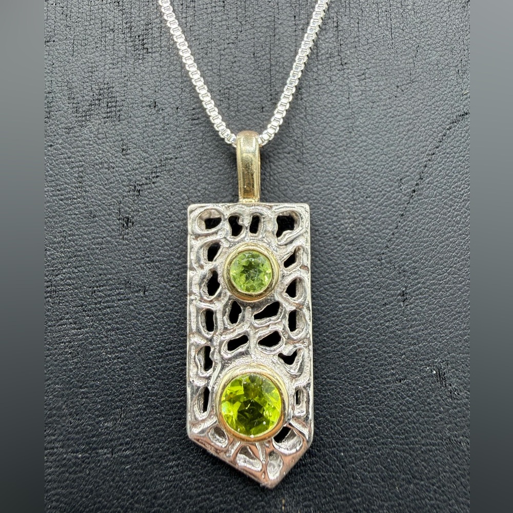 Natural Peridot Sterling Silver + 18k Gold Pendant & Sterling Silver Necklace